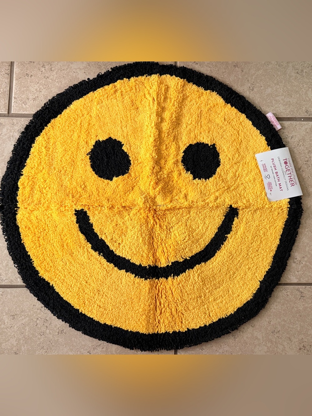 Yellow Smiley Plush Bath Mat - Cozy Non-Slip Accent Rug